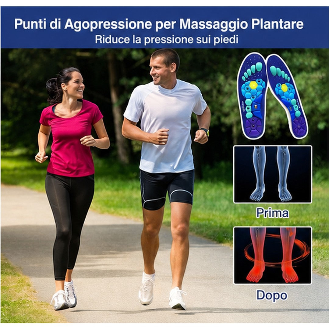 Coppia che corre all'aperto con solette magnetiche Veloura per digitopressione e supporto dell'arco plantare
