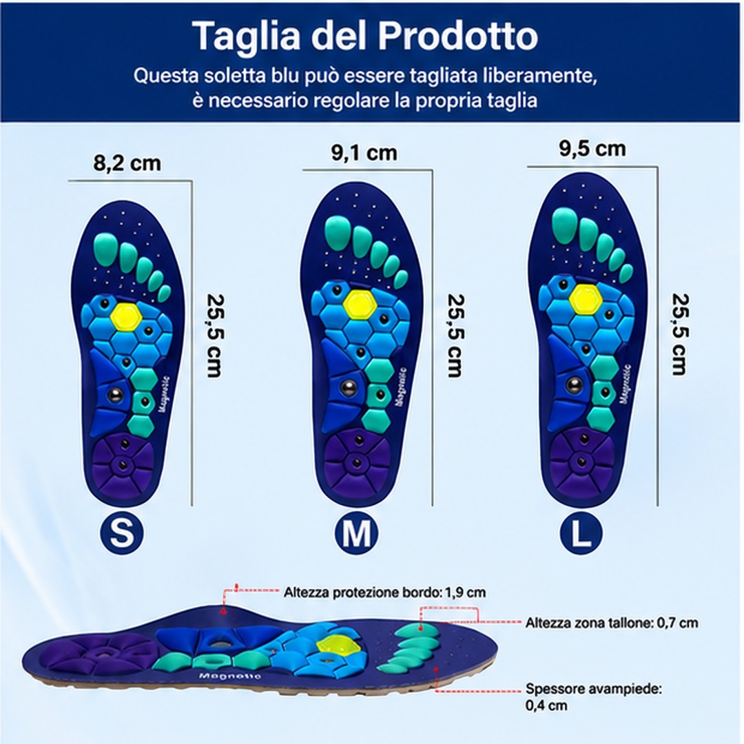Solette magnetiche Veloura blu con punti di digitopressione, supporto arco plantare e misure S, M, L indicate.